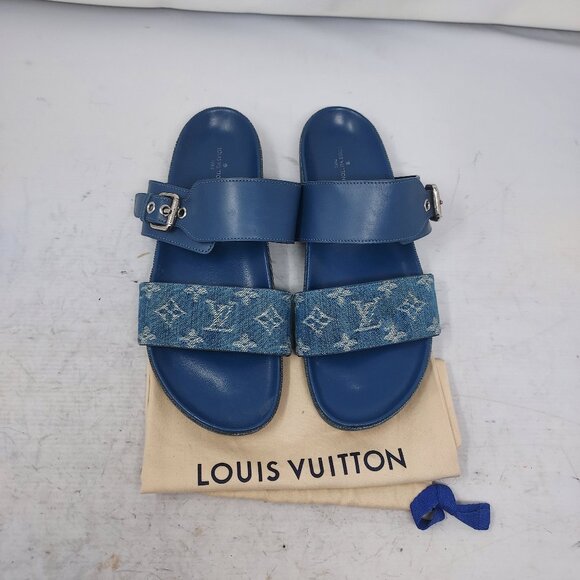 Louis Vuitton Denim Blue Buckle Bom Dia Monogram Flat Sandal - Picture 1 of 15